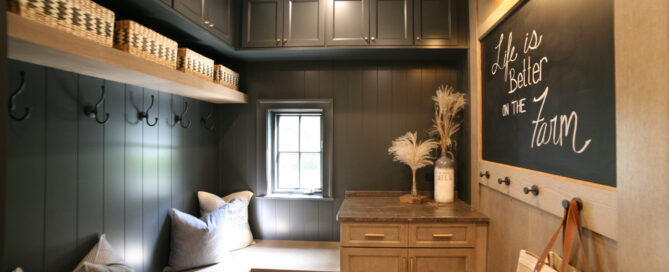 Creative use of cabinetry to maximize the storage in a mudroom.